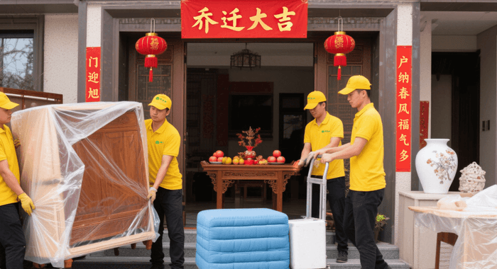 中式搬家师傅搬运传统家具场景